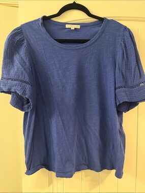 Casual Blue Short Sleeve Knit Top with Textured Puff Sleeves